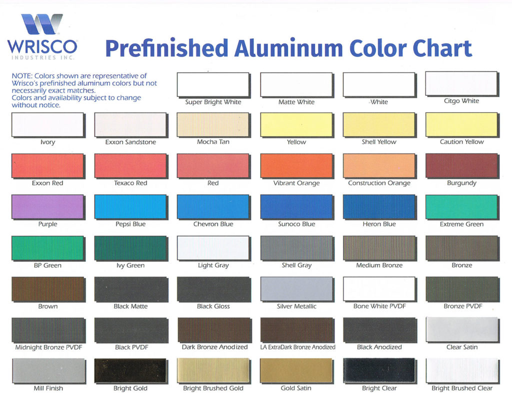 Color chart for painted aluminum options at Thompson Mathis Metal in Dallas Texas